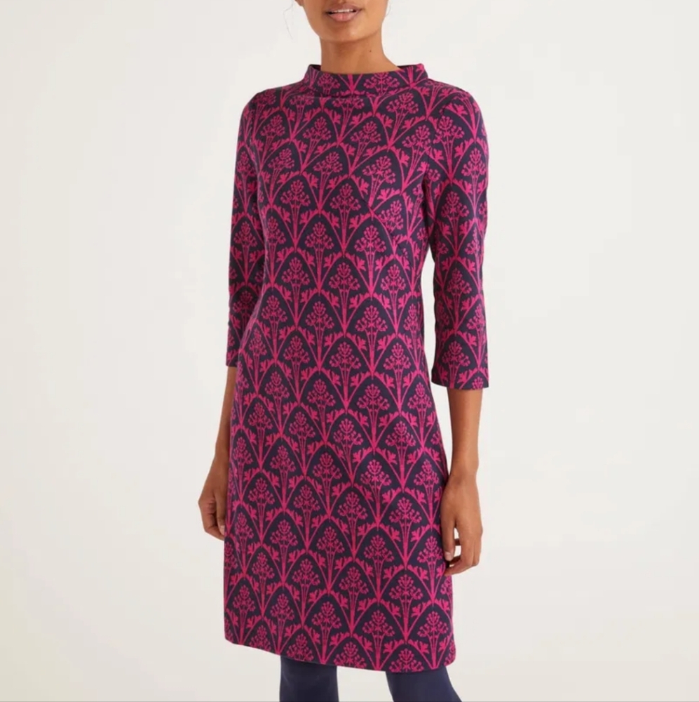 Boden Victoria Jacquard Midi Dress Pink Navy 3/4 sleeve 6L Long Tall